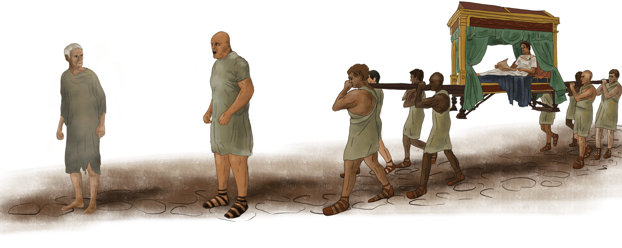 Illustration of a rich Roman being carried on a litter by eight men. In front a large man stands in the road in front of a poor man.