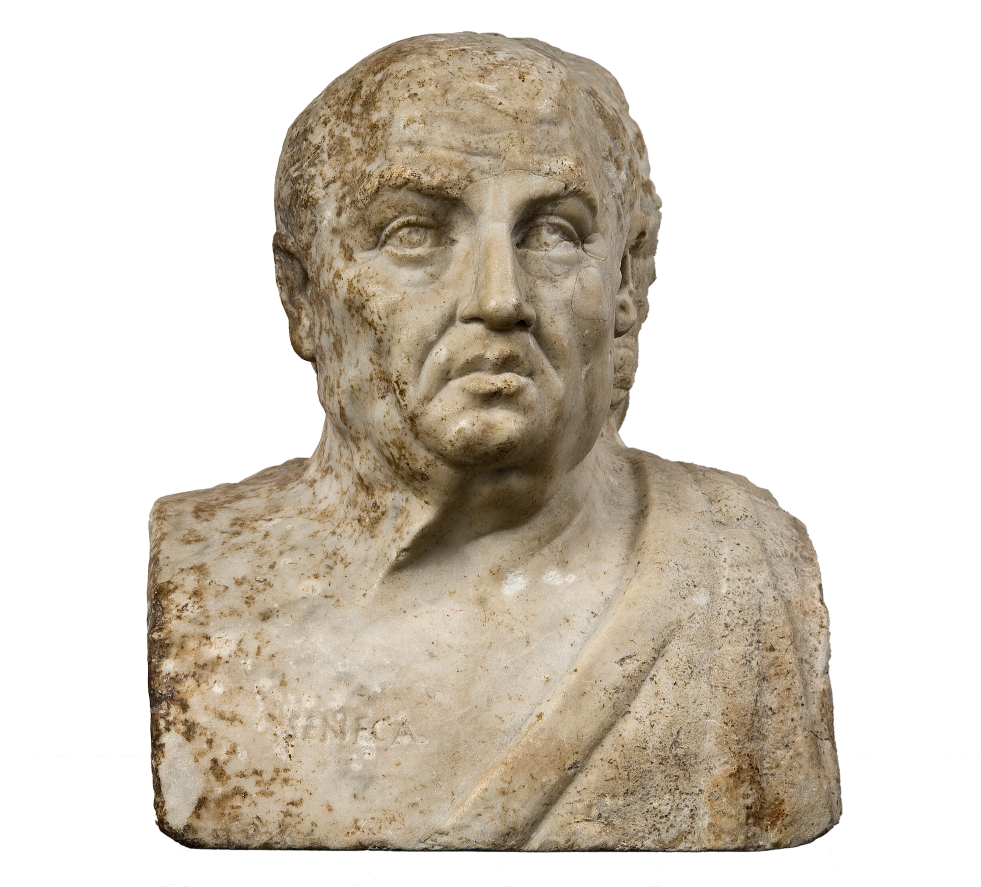 The bust of an old man looking thoughtful.