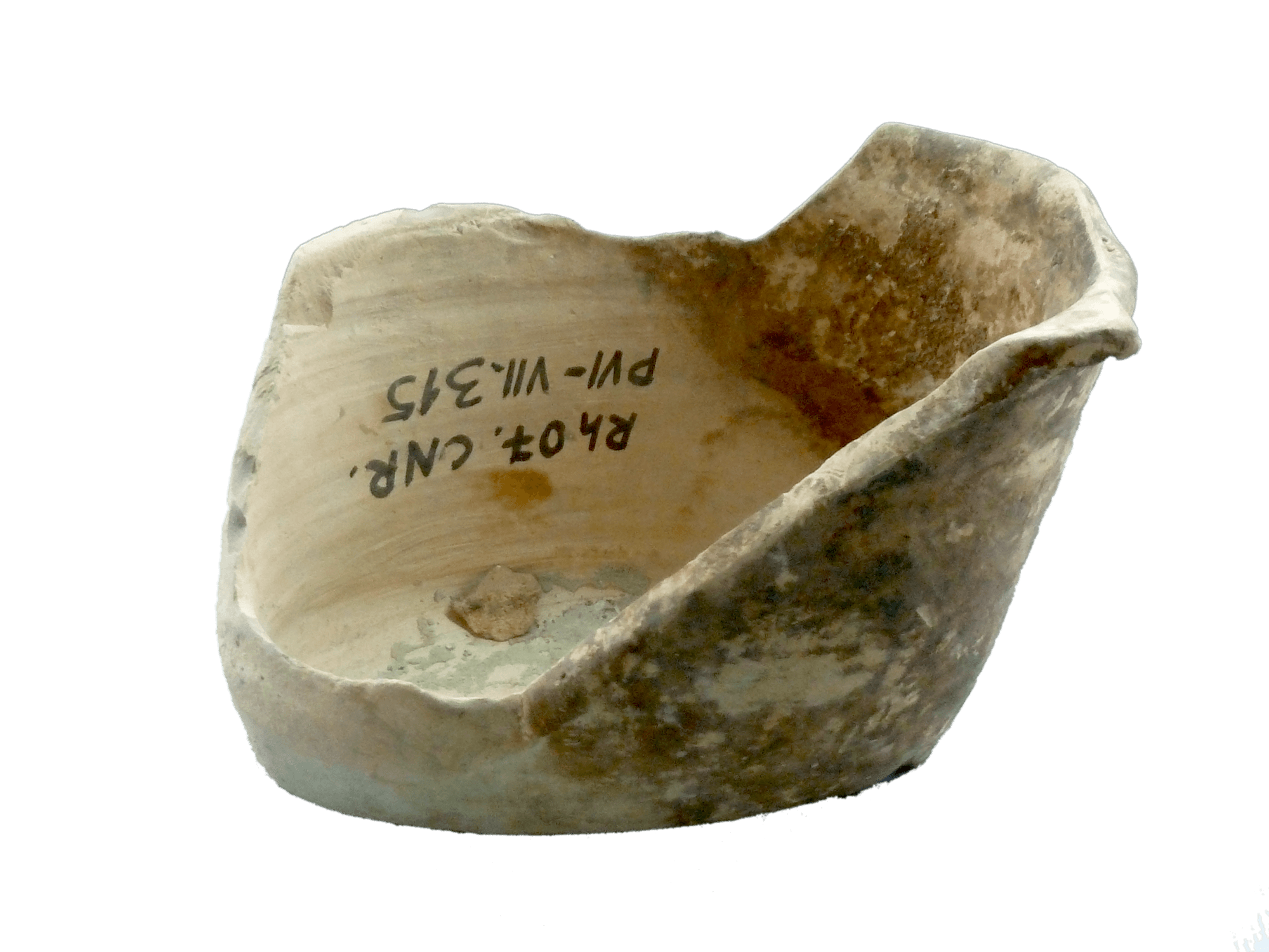 A ceramic chamberpot. It is broken and you can see the museum inventory number written inside.