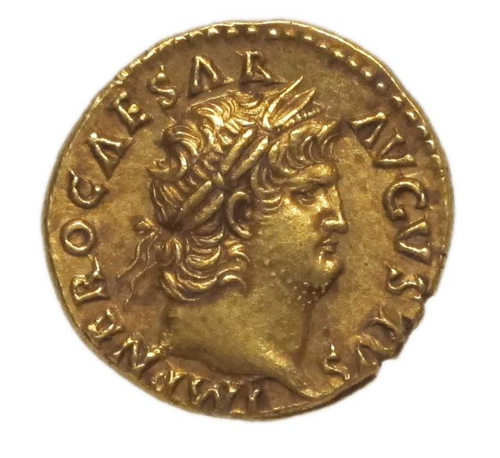 A gold coin with a profile of a man with a wide neck and a prominent chin. He has a garland around his head.